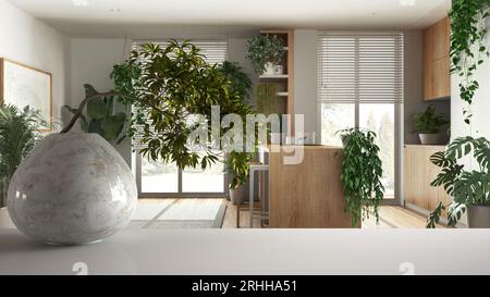 Weißes mattiertes Tischregal mit runder Marmorvase und Bonsai im Topf, grüne Blätter, über Küche mit Insel und Hockern, minimalistisches Innendesign, Urban j Stockfoto