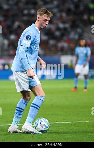 Piräus, Griechenland. 16. August 2023: Cole Palmer aus Manchester City in Aktion beim UEFA-Superpokal 2023 zwischen Manchester City FC und Sevilla FC im Georgios-Karaiskakis-Stadion in Piräus, Griechenland. August 2023. (Foto: Nikola Krstic/Alamy) Stockfoto