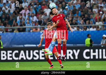 Piräus, Griechenland. 16. August 2023: Ivan Rakitic aus Sevilla tritt beim UEFA Super Cup 2023-Spiel zwischen Manchester City FC und Sevilla FC im Georgios-Karaiskakis-Stadion in Piräus, Griechenland, an. August 2023. (Foto: Nikola Krstic/Alamy) Stockfoto