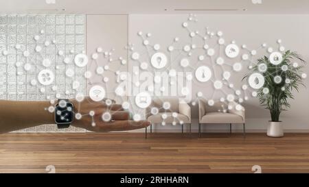 Frau trägt eine intelligente Uhr, Arm, Handgelenk, geometrischen Hintergrund mit verbundenen Linien und Punkte zeigt Internet der Dinge System, Home-Automation-Konzept Stockfoto