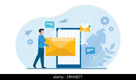 Design-Konzept für Business Illustrations. Vektor eines Geschäftsmannes, der eine E-Mail sendet Stock Vektor