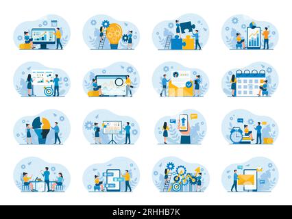 Vector Business Set Illustration Design Konzept. Marketing-Team für Geschäftsleute, das an Wachstumsstrategien arbeitet, vernetzt und Finanzdaten analysiert Stock Vektor