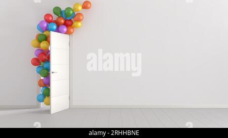 Bunte Ballons, die durch eine offene Tür im Innenbereich schweben, mit weißen Wänden und Parkett. Vorlage mit Kopierbereich. Überraschendes Urlaubskonzept Stockfoto