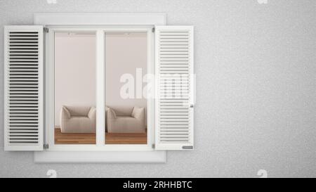 Putzwand außen mit weißem Fenster mit Fensterläden, minimalweißes Wohnzimmer, leerer Hintergrund mit Kopierraum, Architektur-Design-Konzept Stockfoto