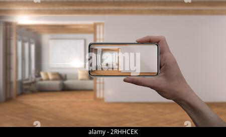 Handheld-Smartphone, AR-Anwendung, Simulation von Möbeln und Innenausstattungsprodukten in einem echten Zuhause, Designerkonzept von Architekten, Hintergrund verschwommen, m Stockfoto