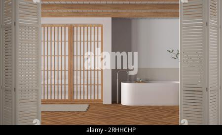 Weiße Klapptür im minimalen Badezimmer mit Badewanne und Papierschiebetür, hellem Parkettboden, moderner Inneneinrichtung, Architekt Designer c Stockfoto