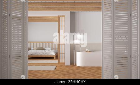 Weiße Falttür im minimalen Badezimmer, Schlafzimmer und Schiebetür aus Papier, heller Parkettboden, modernes Innendesign, Designer-Conce Stockfoto
