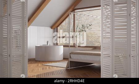 Weiße Klapptür zum minimalen japanischen Schlafzimmer und Badezimmer mit Badewanne, Parkettboden, modernem Innendesign, Architekt-Designkonzept Stockfoto