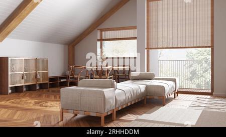 Minimalistisches Wohnzimmer aus Holz mit Sofa und Dekoren in weiß. Dachschräge und Panoramafenster. Japanisch-skandinavischer Stil, Dachgeschoss Stockfoto