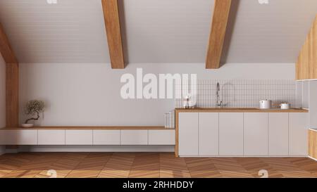 Minimalistische Holzküche mit schrägen Decken und Parkett mit Fischgrätmuster in weiß. Schränke und Geräte. Japanisch-skandinavischer Stil, Dachgeschoss Stockfoto