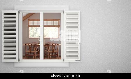 Putzwand außen mit weißem Fenster mit Fensterläden, mit japandischem Speisesaal im Innenraum, leerer Hintergrund mit Kopierraum, Architektur-Design Stockfoto