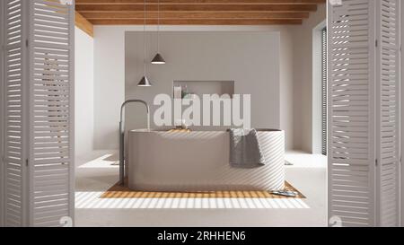 Weiße Klapptür im minimalen japanischen Badezimmer mit Badewanne, hellem Kunststoffboden, modernem Innendesign, Designkonzept des Architekten Stockfoto