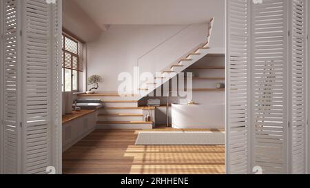 Weiße Klapptür im minimalen japanischen Badezimmer mit Badewanne und Treppe, modernes Innendesign, Architekt-Designkonzept Stockfoto