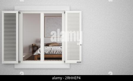 Äußere Gipswände mit weißem Fenster mit Fensterläden, die ein Schlafzimmer mit Doppelbett, einen leeren Hintergrund mit Kopierraum und Architekturdesign zeigen Stockfoto