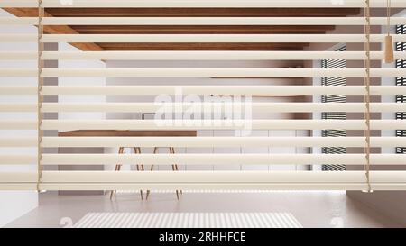 Weiße venezianische Jalousien aus der Nähe, Blick auf die minimalistische Küche mit Insel und Stühlen. Innenarchitektur, Konzept der Privatsphäre Stockfoto