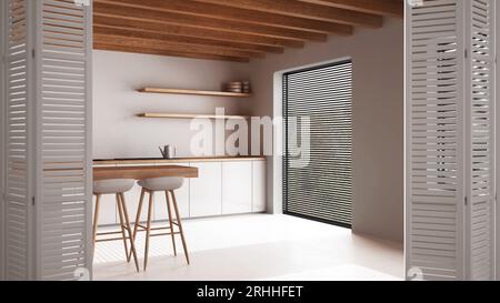 Weiße Falttüröffnung in der minimalen japanischen Küche mit Insel, hellem Harzboden, modernem Innendesign, Architekt-Designkonzept Stockfoto