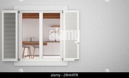 Putzwand außen mit weißem Fenster mit Fensterläden, mit minimaler Küche im Innenraum, leerer Hintergrund mit Kopierraum, Architekturkonzept Stockfoto
