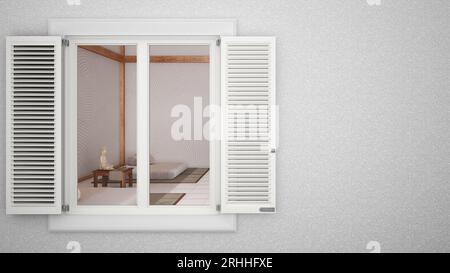 Putzwand außen mit weißem Fenster mit Fensterläden, mit Meditationsraum innen, leerer Hintergrund mit Kopierraum, Architekturkonzept Stockfoto