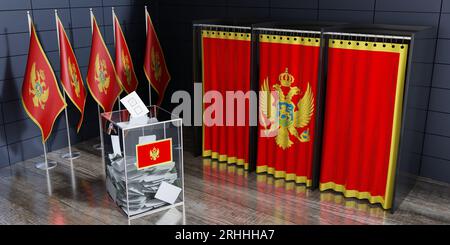 Montenegro - Wahlkabinen und Wahlurnen - Wahlkonzept - 3D-Illustration Stockfoto