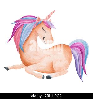 Einhorn-Aquarellillustration in rosa Pastellfarben für Baby- und Mädchendesign. Isoliertes Clipart-handgezeichnetes mythisches Tier für Kinderprodukte Stockfoto