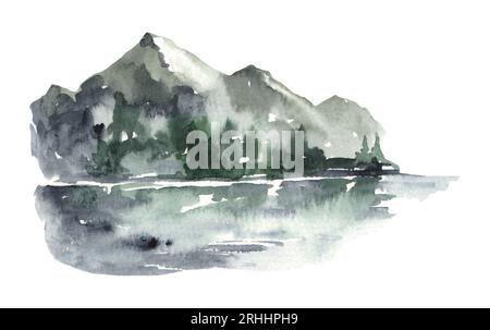 Wasserfarbenreiche nebelige Landschaft mit Bergen und See. Berge handgezeichnete Illustration Stockfoto