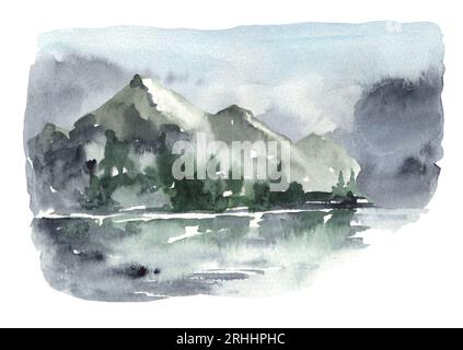 Wasserfarbenreiche nebelige Landschaft mit Bergen und See. Berge handgezeichnete Illustration Stockfoto