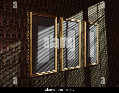 Drei leere Bilderrahmen an einer Wand, die mit einem Tapetenmuster im Art-Deco-Stil in Gold und Schwarz in einem von Fensterlicht beleuchteten Raum versehen ist - 3D-Rendering Stockfoto