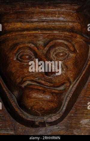 Verzerrtes Gesicht in Holz geschnitzt Anfang der 1500er Jahre. Misericord auf der Unterseite des Chorständers Sitz in der Abteikirche des Königlichen Klosters Brou in Bourg-en-Bresse, Auvergne-Rhône-Alpes, Frankreich. Wahrscheinlich das Werk des Bresse-Künstlers. Stockfoto