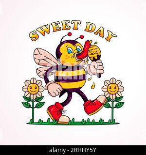 Retro-Cartoon einer Biene, die Honig isst, perfekt für Maskottchen, T-Shirts, Aufkleber und Poster Stock Vektor