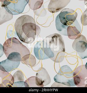 Abstraktes Aquarell färbt und bildet einen mehrfarbigen Hintergrund. Von Hand gezeichnete Pastellfarben fließende Flecken, goldene Linien nahtloses Muster. Aquarellstruktur. Pr Stockfoto