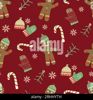 Nahtloses Weihnachtsvektormuster mit Lebkuchenmännern, Zuckerstangen, Hüten, Handschuhen, Weihnachtsbäumen auf traditionellem roten Hintergrund. Handgezeichnete Feiertage Stock Vektor