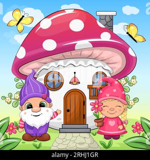 Niedliches Zeichentrickpaar Gnome mit Pilzhaus. Sommervektorillustration von Zwergmenschen mit Blumen und Schmetterlingen in der Natur. Stock Vektor