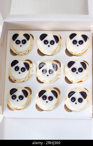 Schwarz-weiße Panda Cupcakes in Geschenkbox zum Kindergeburtstag Stockfoto