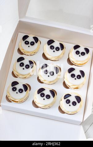 Schwarz-weiße Panda Cupcakes in Geschenkbox zum Kindergeburtstag Stockfoto