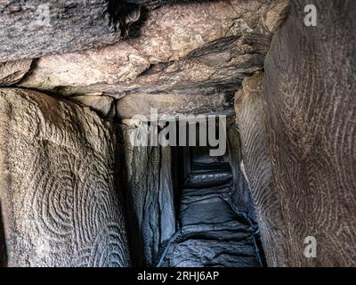 GAVRINIS HÖHLE INNERE Bretagne Frankreich, prähistorische Cairn, Dolmen, Trockenmauern, Grab, mit renommierten symbolische und geheimnisvollen Stein Alter Schnitzereien. Eines der herausragendsten Beispiele der frühesten Architektur in der westlichen Welt. Cairn de Gavrinis Sagemor Cale de Penn-Lannic, Larmor Baden Bretagne Frankreich (Megalithes du Morbihan) Stockfoto