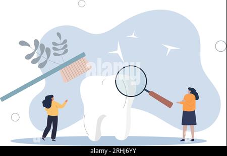 Mädchen, das den Zahn durch die Lupe betrachtet, flache Vektorillustration. Frauenfigur, die riesige Zähne bürstet, sich um die Zahngesundheit kümmert. Stock Vektor