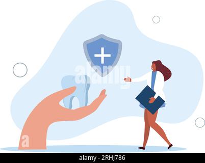 Riesige menschliche Hand, die Zahnarzt und großen Zahn hält. Medizinische Fachkraft neben gesunden Zahnflachvektorillustration. Stock Vektor