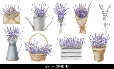 Set mit Lavendelblumen. Handgezeichnete Aquarellabbildungen von Provence-Sträußen auf isoliertem Hintergrund. Geblümtes Bündel mit Kräutern im Topf und Gießkanne für Hochzeitseinladungen oder Grußkarten. Stockfoto