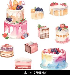 Kuchen-Set. Aquarell Hand gezeichnete Illustration isoliert auf weißem Hintergrund Stock Vektor