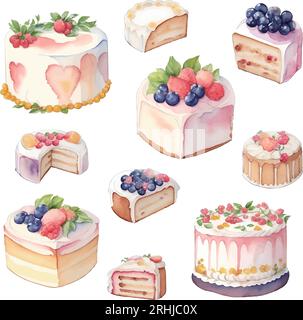 Kuchen-Set. Aquarell Hand gezeichnete Illustration isoliert auf weißem Hintergrund Stock Vektor