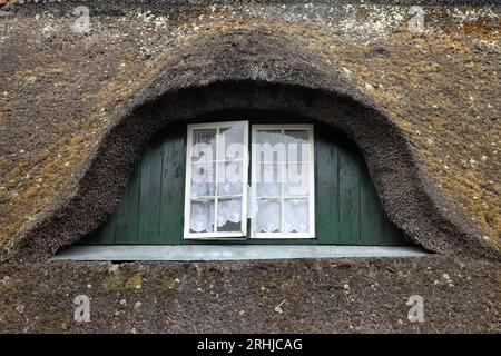 Dormer-Fenster in einem traditionellen Reetdachhaus im Dorf Sønderho, Fano/Insel Fanø, Dänemark. Stockfoto