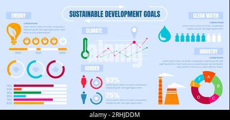 Ziele der nachhaltigen Entwicklung. SDG-Infografikvorlage mit farbigen Infografiken, Datengrafik und Prozentsatz. Flache Marketingsymbole oder Elemente der Unternehmenspräsentation auf blauem Hintergrund Stock Vektor