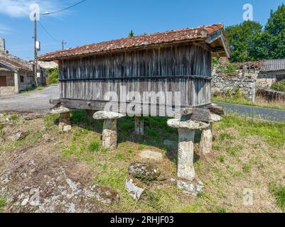 Typischer galicischer Kornspeicher, mit Steinpfeilern vom Boden getrennt, in Santa Eufemia, Vilouchada Ourense, mit Stein vom Boden getrennt Stockfoto