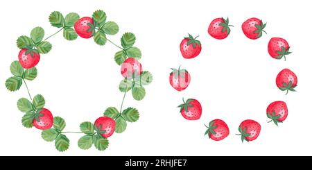 Aquarellrunde Rahmen mit Erdbeeren. Grüner Rahmen mit Erdbeerzweigen auf weißem Hintergrund. Erdbeerfrucht Rahmen Kranzwasser Stockfoto