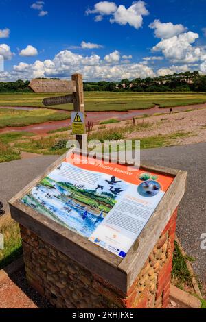 Informationstafel über das Otter Estuary Nature Reserve in Budleigh Salterton an der Jurassic Coast, Devon, England, Großbritannien Stockfoto