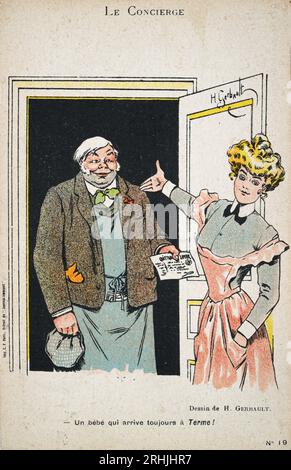 Französische Postkarte im Vintage-Cartoon von Henry Gerbault, ein Mann, der einer schönen Frau eine Bankkarte gibt, Le Concierge, UN bébé qui Ankunft toujours à Terme! A Stockfoto