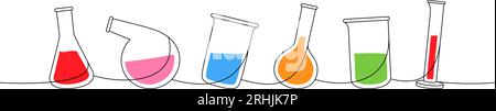 Laborglaswaren, einzeilige farbige, durchgehende Zeichnung. Konischer Kolben, Becher, Filtertrichter, Rundkolben, durchgehende einzeilige Abbildung. Stock Vektor