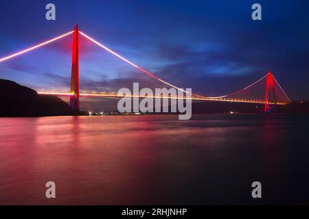 Istanbul Yavuz Sultan Selim Brücke in Istanbul TÜRKEI Langzeitbelichtung in blauer Stunde mit Reflexion auf dem Wasser Stockfoto