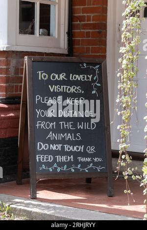 Höfliches Schild, das die Menschen auffordert, sich von den wilden Tieren fernzuhalten und sie nicht zu füttern, in Minstead, einem New Forest-Dorf in Hampshire, England, Großbritannien Stockfoto