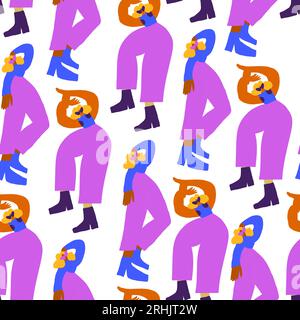 Nahtloses Vektor-Muster mit tanzenden Disco-Leuten, die farbenfrohe Kleidung tragen, Muster im Vintage-Stil der 80er Jahre. Retro-Party-Hintergrund. Vektorillustration Stock Vektor